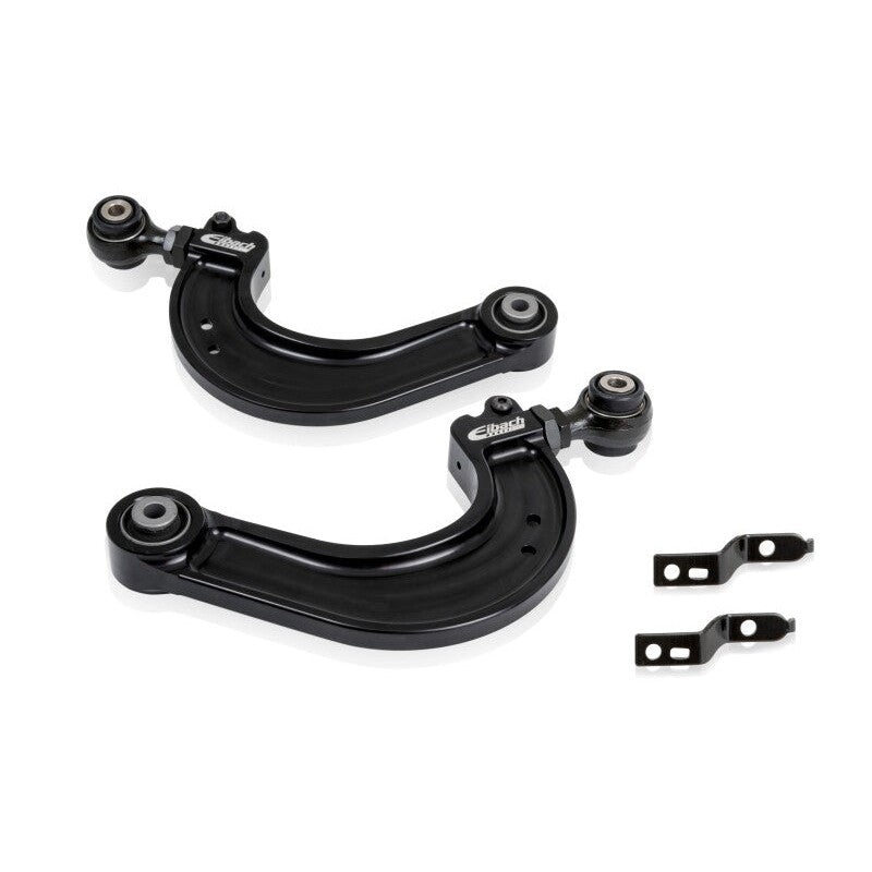 Adjustable Eibach Pro-Alignment rear camber arm with red bushings and silver finish