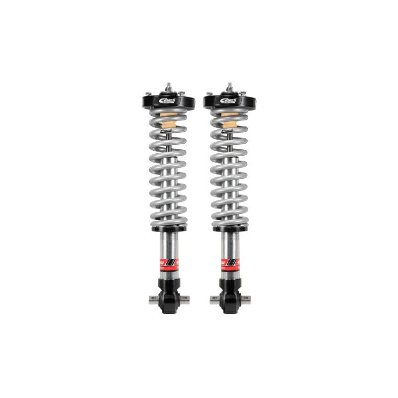 Pair of Eibach Pro-Truck 2.0 front coilovers with silver springs and black aluminum mounts for Ford F-150.