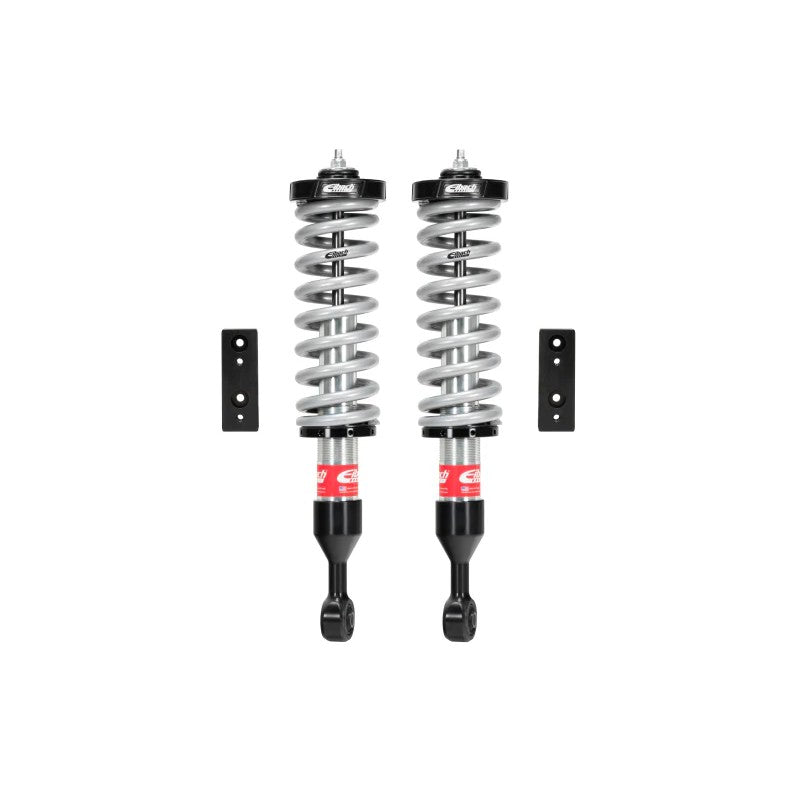 Pair of Eibach Pro-Truck 2.0 front coilovers with silver springs and billet aluminum mounts for Toyota Tacoma.