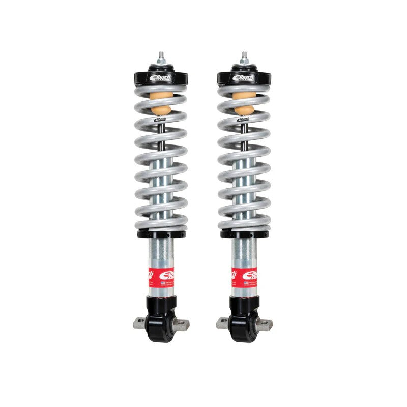 Eibach Pro-Truck Coilover 2.0 front assembly with silver coil springs and black billet aluminum mounts for Ford Ranger.