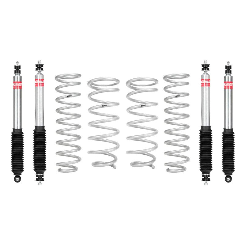 Eibach Pro-Truck Lift Stage 1 system including silver lift springs and nitrogen-charged shocks for Toyota Land Cruiser.
