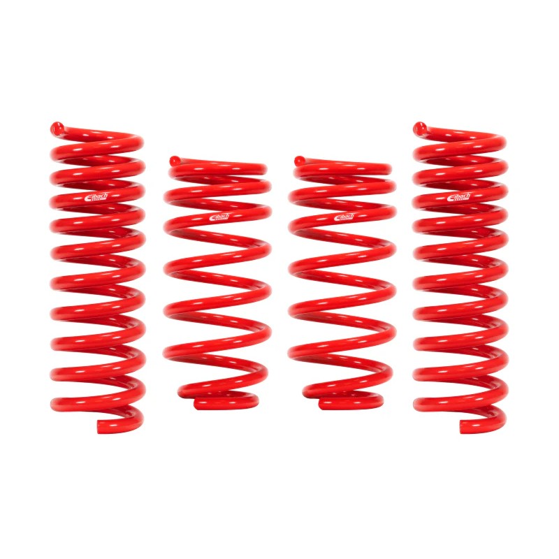 Set of four red Eibach Sportline lowering coil springs for BMW F30 and F32 models.