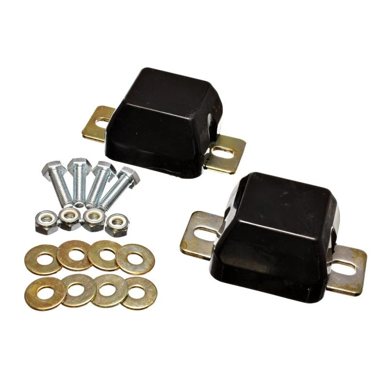Black Energy Suspension Hyper-Flex polyurethane front axle bump stops with reinforced metal mounting plates.