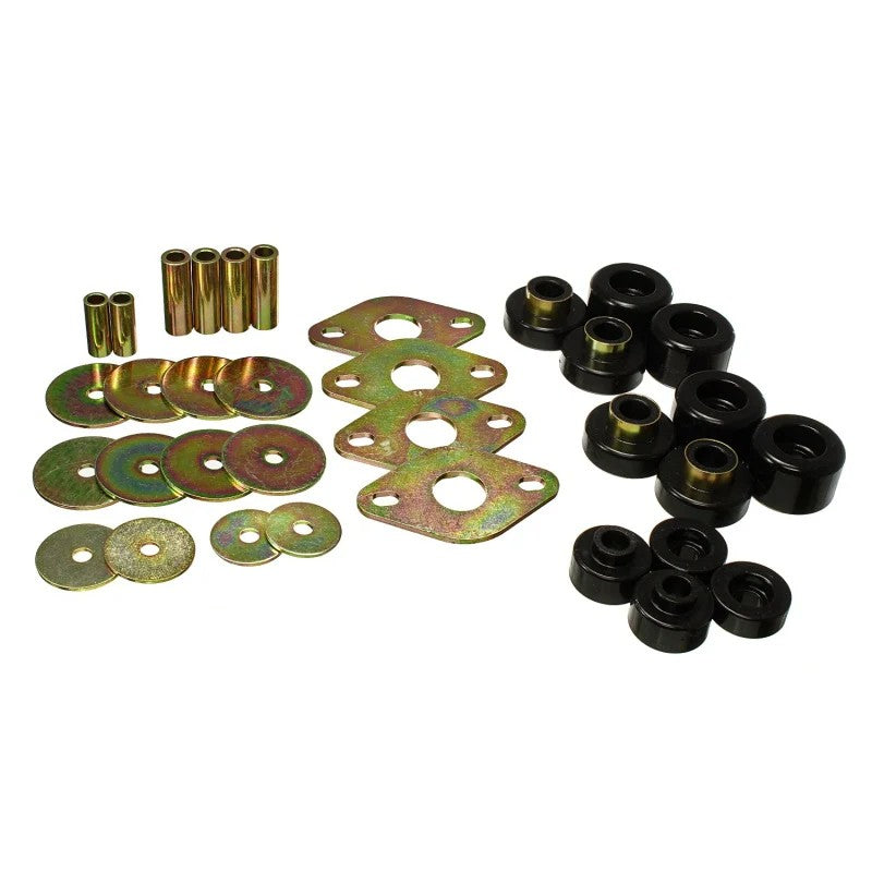 Black Energy Suspension Hyper-Flex polyurethane body mount bushings and hardware for 2001-2004 Toyota Tacoma Pre Runner.