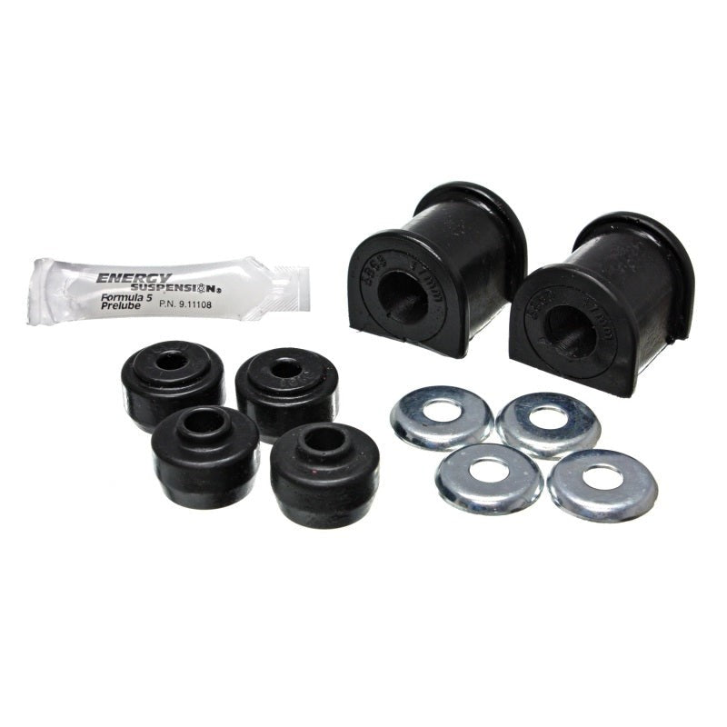 Energy Suspension black Hyper-Flex polyurethane 17mm rear sway bar bushings and mounting hardware kit.