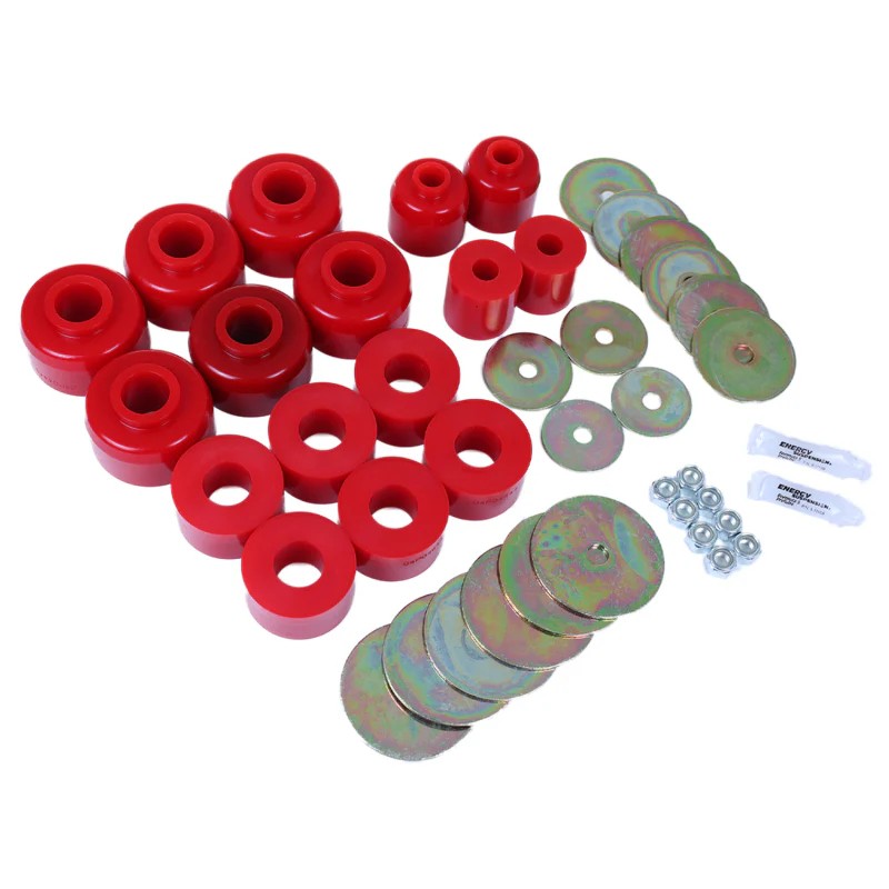 Energy Suspension 8.4114R red Hyper-Flex polyurethane body mount bushing set with zinc-plated steel rings.