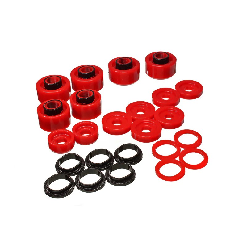 Energy Suspension red Hyper-Flex polyurethane body mount bushings and hardware for 1999-2007 Ford F-250 and F-350.