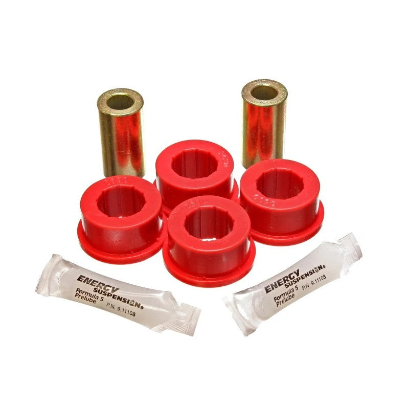 Energy Suspension red polyurethane rear track arm bushings with metal sleeves for 2005-2014 Ford Mustang.
