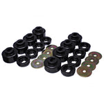 Energy Suspension 3.4162G black polyurethane body mount set with zinc-plated steel rings for 2007-2010 GM heavy duty trucks.