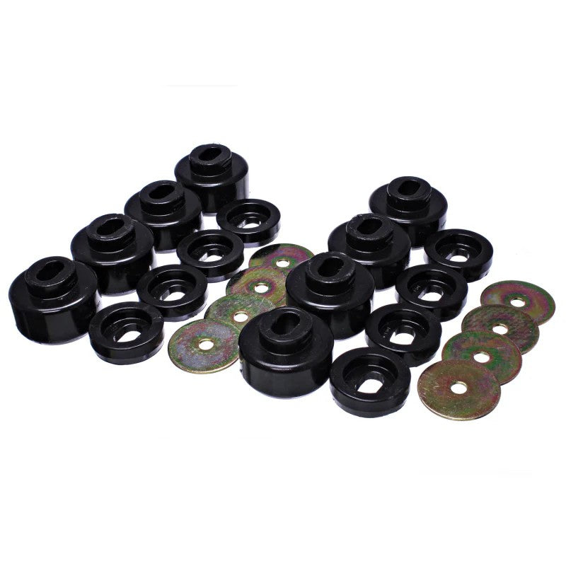 Energy Suspension 3.4162G black polyurethane body mount set with zinc-plated steel rings for 2007-2010 GM heavy duty trucks.
