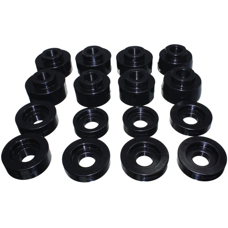Black Energy Suspension Hyper-Flex polyurethane body mount bushings and hardware for Ford Super Duty trucks.