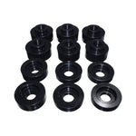 Black Energy Suspension Hyper-Flex polyurethane body mount bushings and zinc-plated steel rings for Ford Super Duty trucks.