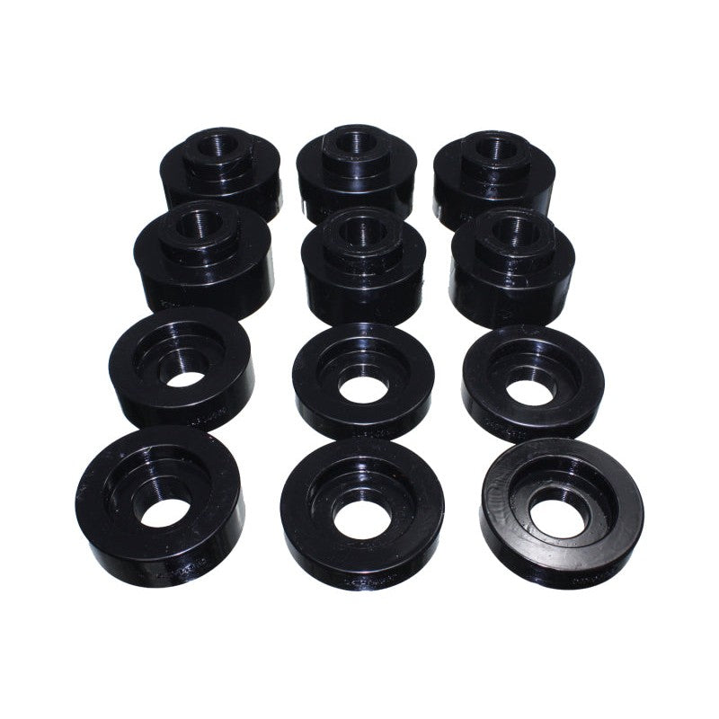 Black Energy Suspension Hyper-Flex polyurethane body mount bushings and zinc-plated steel rings for Ford Super Duty trucks.