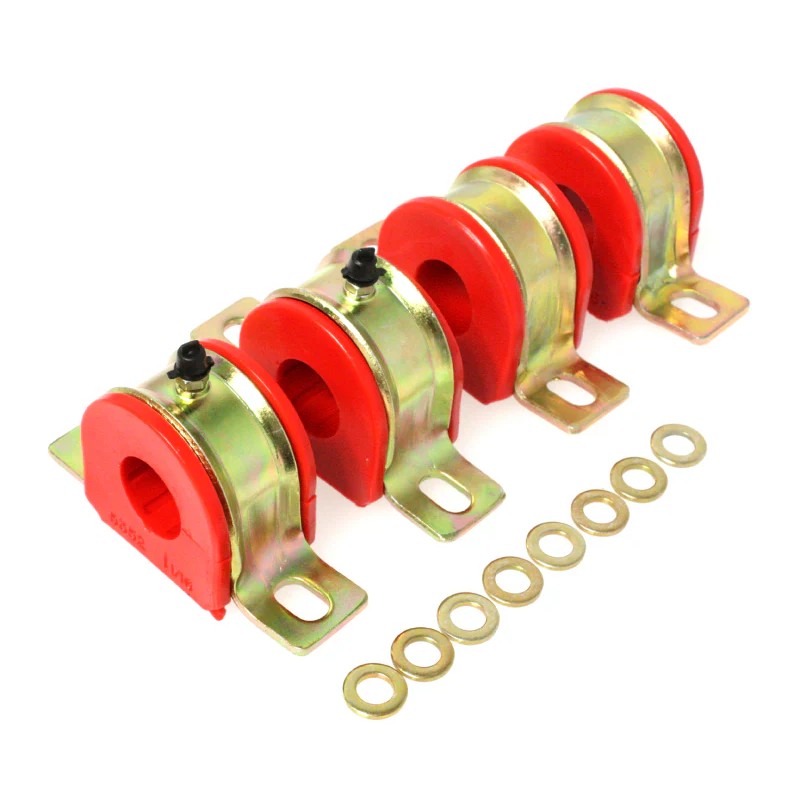 Red Energy Suspension 1-1/16 inch greaseable polyurethane sway bar bushings with zerk-fitted metal brackets.