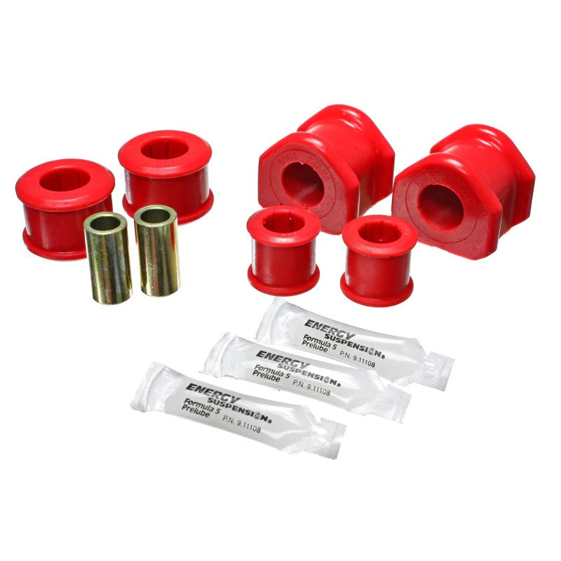 A pair of red Energy Suspension Hyper-Flex 24mm polyurethane rear sway bar bushings for 2011-2014 Ford Mustang.