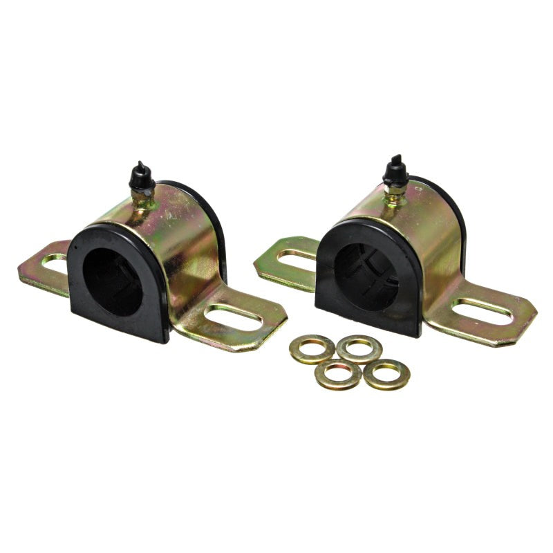Pair of black Energy Suspension 15/16 inch greaseable polyurethane sway bar bushings with silver zinc-plated brackets