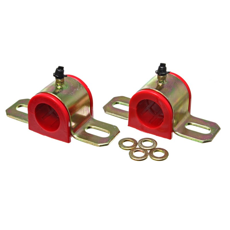 Red Energy Suspension 32mm greaseable polyurethane sway bar bushings with zinc-plated metal brackets and Zerk fittings.