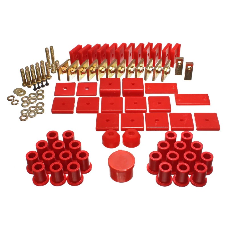 Red Energy Suspension Hyper-Flex polyurethane master bushing kit components for 1964-1978 Toyota Land Cruiser FJ40.