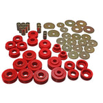 Red Energy Suspension Hyper-Flex polyurethane body mount bushings with steel rings for 1965-1970 Chevrolet vehicles.