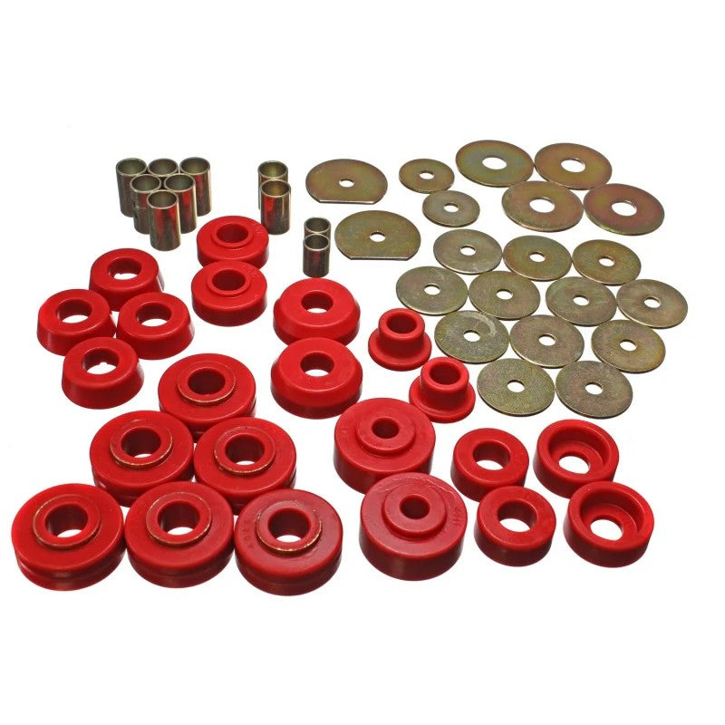 Red Energy Suspension Hyper-Flex polyurethane body mount bushings with steel rings for 1965-1970 Chevrolet vehicles.