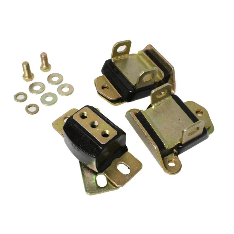 Energy Suspension black zinc engine and transmission mount set with black polyurethane bushings for 1963-1982 Chevrolet.