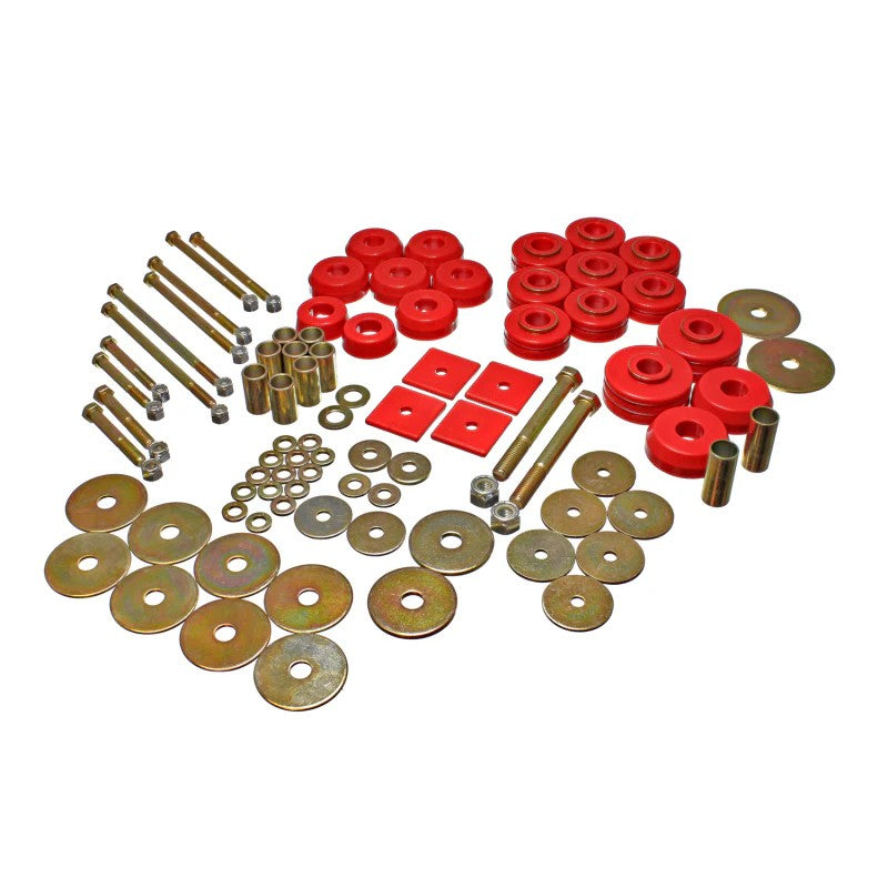 Energy Suspension 3.4149R red Hyper-Flex polyurethane body mount bushings with zinc-plated steel rings.