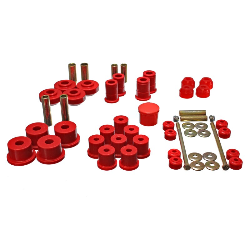 Energy Suspension red polyurethane master bushing kit components for 1967-1973 Ford Mustang.