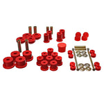 Energy Suspension red polyurethane master bushing kit components for 1967-1973 Ford Mustang.