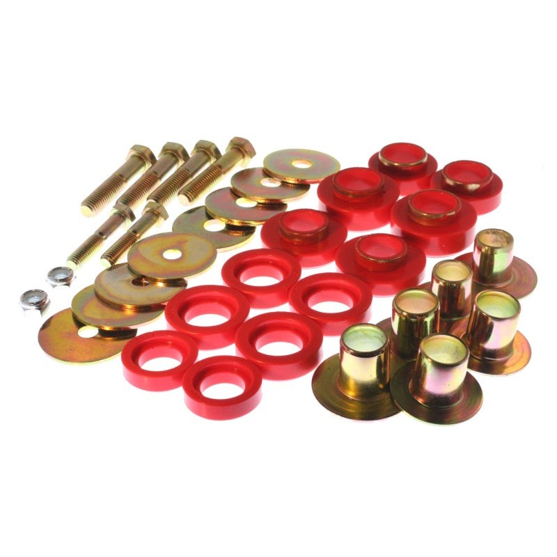 Red Energy Suspension 3.4142R Hyper-Flex polyurethane body subframe mount set with zinc-plated steel rings.