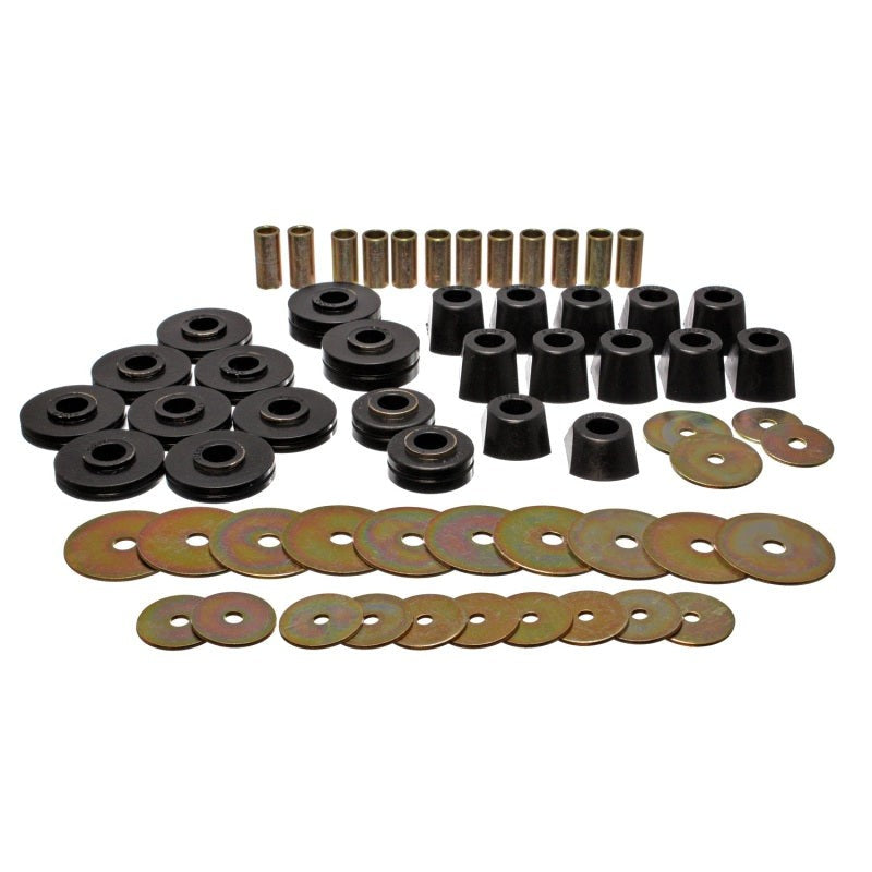 Black Energy Suspension Hyper-Flex polyurethane body mount bushings with molded-in zinc-plated steel rings.