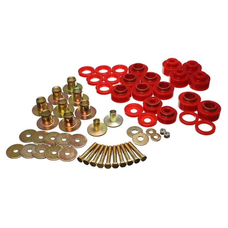 Red Hyper-Flex polyurethane body mount bushings with zinc-plated steel rings for 1968-1972 Chevrolet Chevelle.
