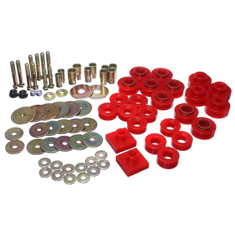 Red Energy Suspension Hyper-Flex polyurethane body mount bushings with steel rings for 1968-1972 Oldsmobile Cutlass.