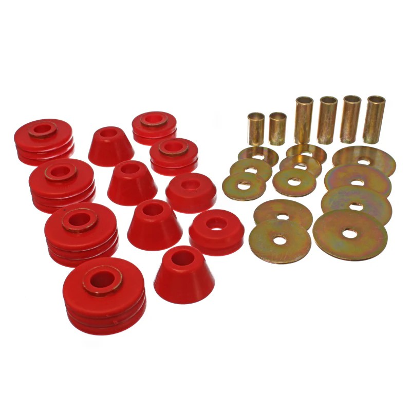 Red Energy Suspension Hyper-Flex polyurethane cab mount bushings with zinc-plated steel rings for 1973-1980 GM trucks.