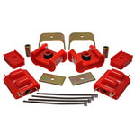 Energy Suspension 3.1124R red polyurethane motor and transmission mounts with silver zinc-plated metal brackets.