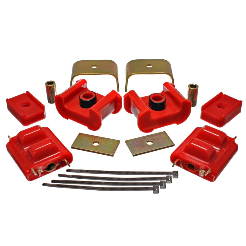 Energy Suspension 3.1124R red polyurethane motor and transmission mounts with silver zinc-plated metal brackets.