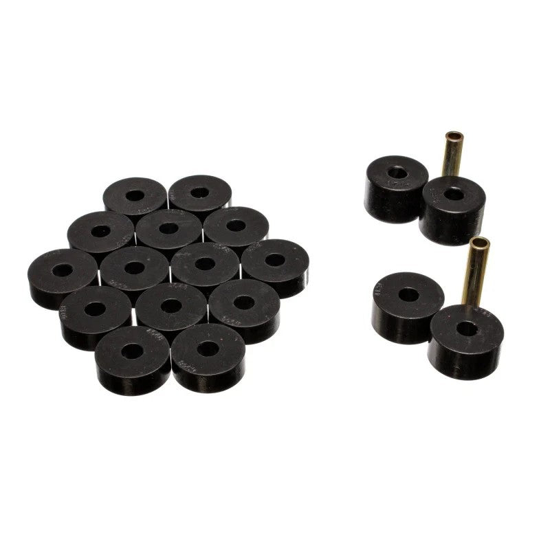 Black polyurethane body mount bushing set with zinc-plated steel rings for 1974-1975 Jeep CJ5.
