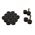Black polyurethane body mount bushing set with zinc-plated steel rings for 1974-1975 Jeep CJ5.