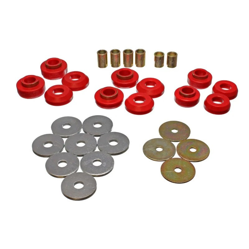 Red Energy Suspension Hyper-Flex polyurethane body mount bushings and hardware for 1975-1979 Chevrolet Nova.