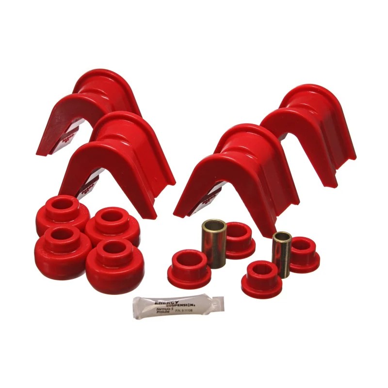 Red 14-piece Energy Suspension Hyper-Flex polyurethane 4-degree offset C-bushing kit for Ford radius arms.