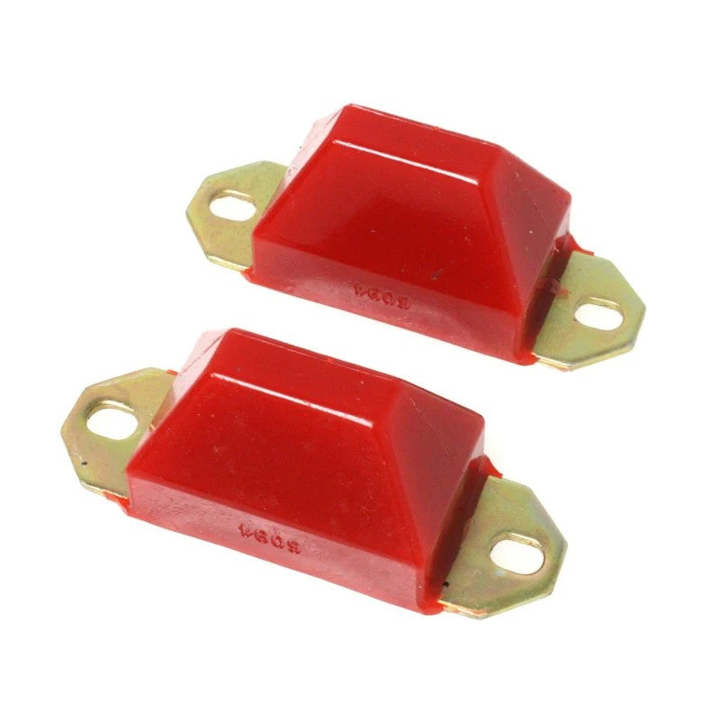 Energy Suspension Hyper-Flex red polyurethane bump stop with integrated metal mounting plate for Jeep and Camaro.
