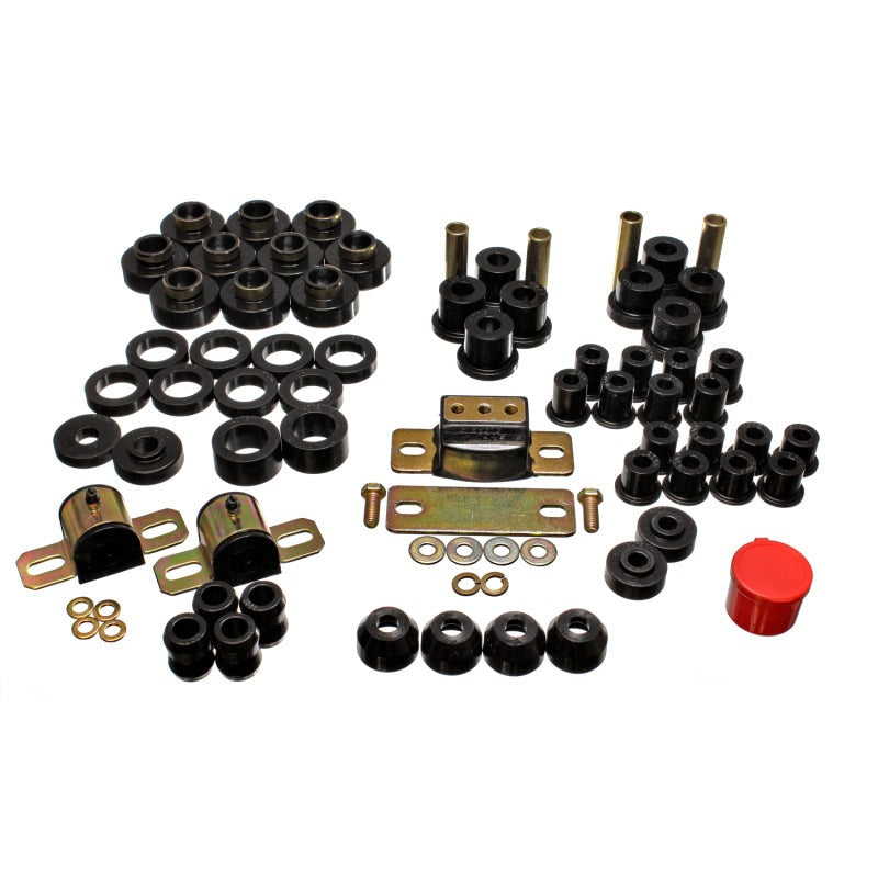 Black polyurethane master bushing kit by Energy Suspension for 1980-1986 Jeep CJ5 and CJ7.