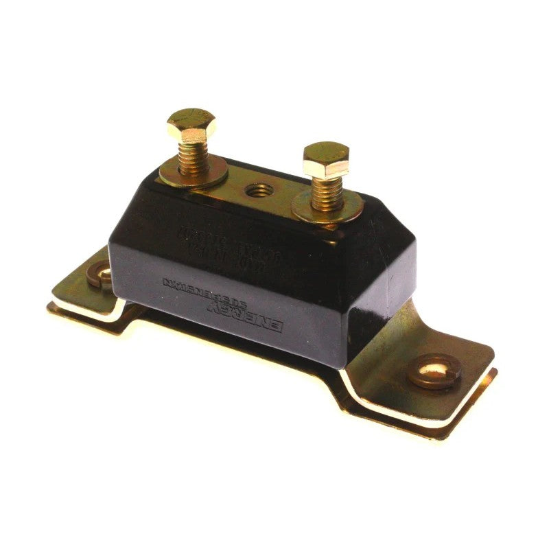 Energy Suspension black polyurethane transmission mount with integrated safety interlock and zinc-plated hardware.