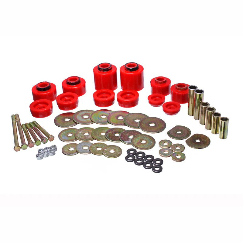 Red Energy Suspension Hyper-Flex polyurethane body mount bushings and hardware for 1980-1998 Ford F-Series trucks.