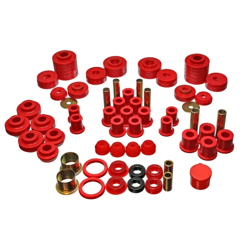 Red polyurethane Energy Suspension Hyper-Flex master bushing kit for 1980-1996 Ford F-150 trucks.