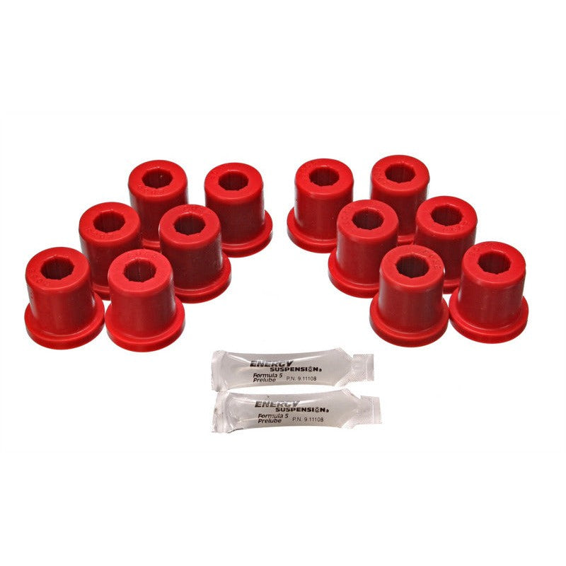 Set of 12 red Energy Suspension Hyper-Flex polyurethane front leaf spring bushings for 1981-1989 Toyota Land Cruiser.