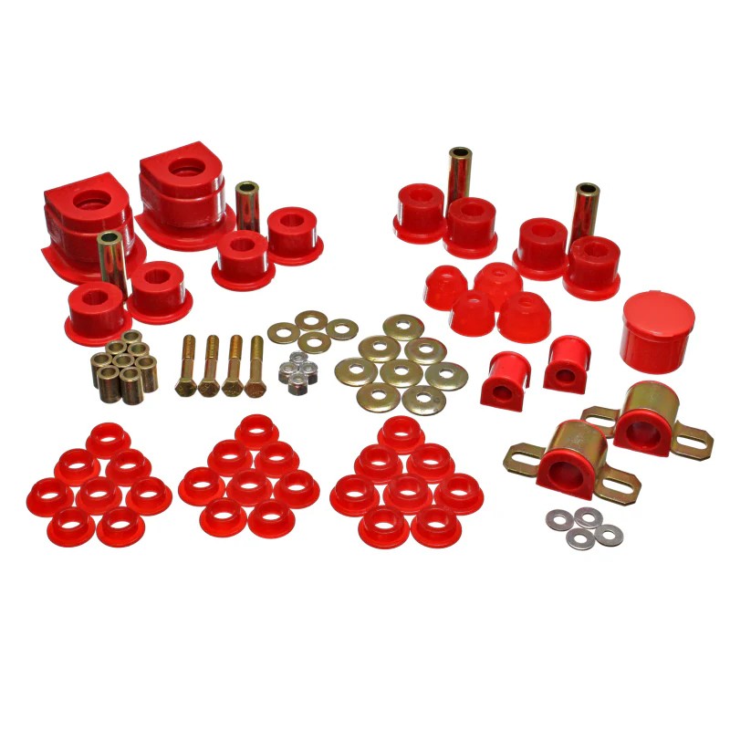 Red Energy Suspension Hyper-Flex polyurethane master bushing kit components for 1986-1991 Mazda RX-7.