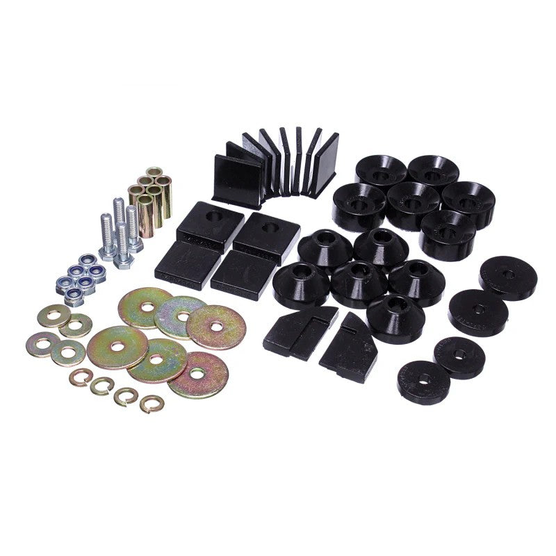 Black Energy Suspension Hyper-Flex polyurethane body mount bushings and hardware for 1986-1995 Suzuki Samurai.