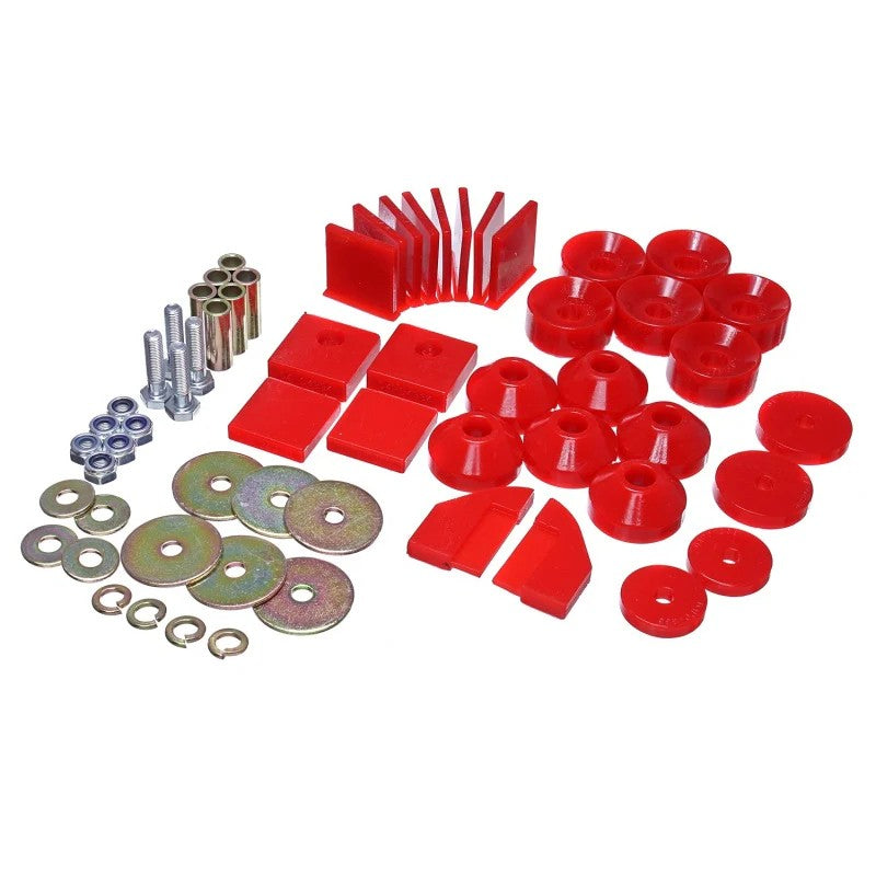 Energy Suspension Hyper-Flex red polyurethane body mount bushings and hardware for 1986-1995 Suzuki Samurai.