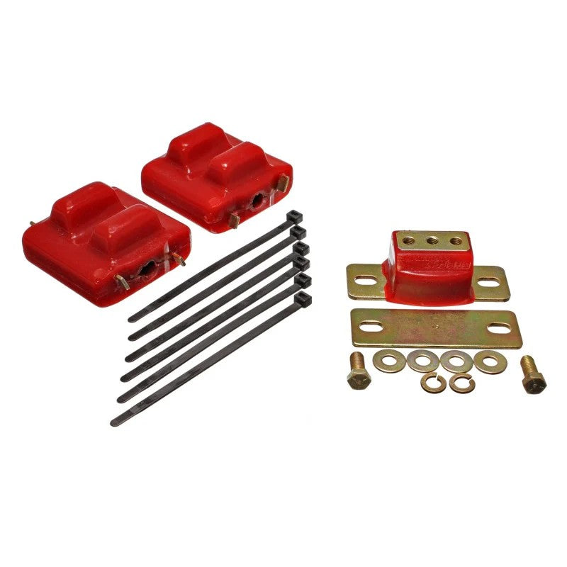 Energy Suspension red polyurethane motor and transmission mounts with zinc-plated metal brackets.