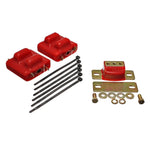 Energy Suspension red polyurethane motor and transmission mounts with zinc-plated metal brackets.